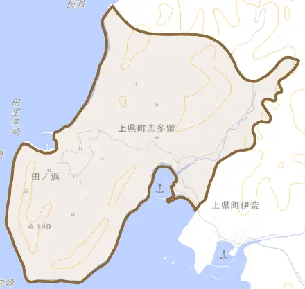 上県町志多留とその周辺の地図。町の範囲を重ねている
