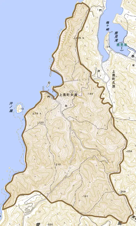 上県町女連とその周辺の地図。町の範囲を重ねている