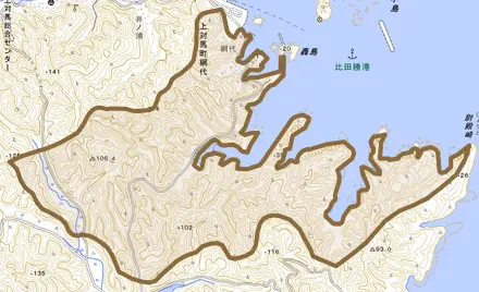上対馬町網代とその周辺の地図。町の範囲を重ねている