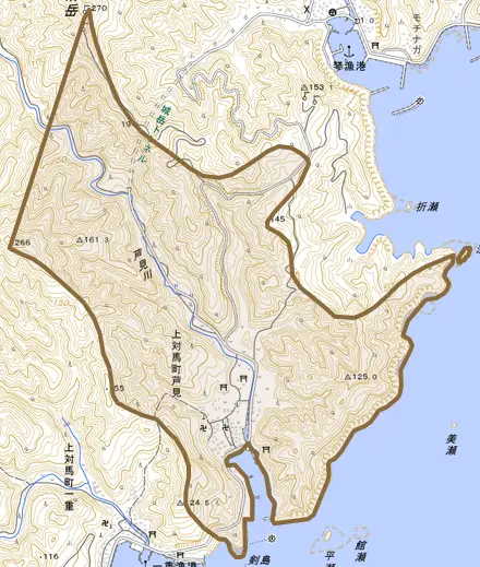 上対馬町芦見とその周辺の地図。町の範囲を重ねている