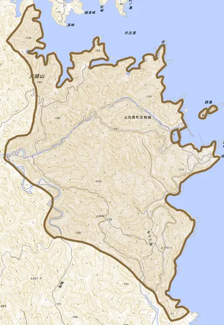 上対馬町五根緒とその周辺の地図。町の範囲を重ねている