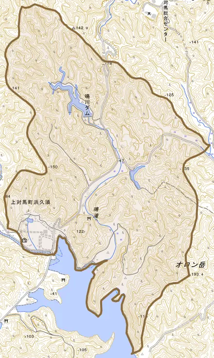 上対馬町浜久須とその周辺の地図。町の範囲を重ねている