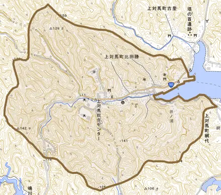 上対馬町比田勝とその周辺の地図。町の範囲を重ねている