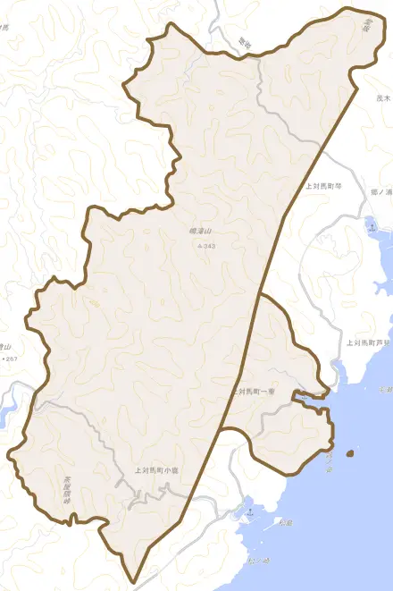 上対馬町一重とその周辺の地図。町の範囲を重ねている