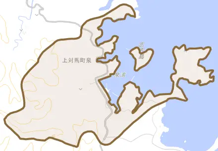 上対馬町泉とその周辺の地図。町の範囲を重ねている
