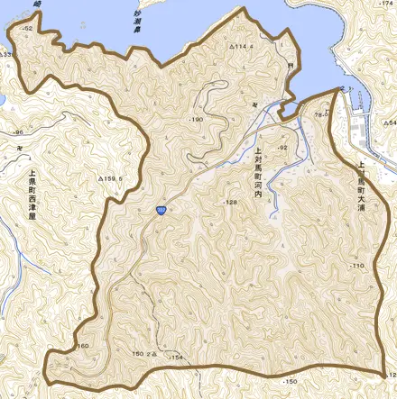 上対馬町河内とその周辺の地図。町の範囲を重ねている