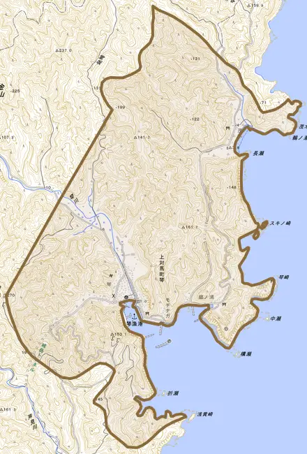上対馬町琴とその周辺の地図。町の範囲を重ねている