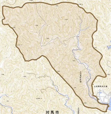 上対馬町玖須とその周辺の地図。町の範囲を重ねている