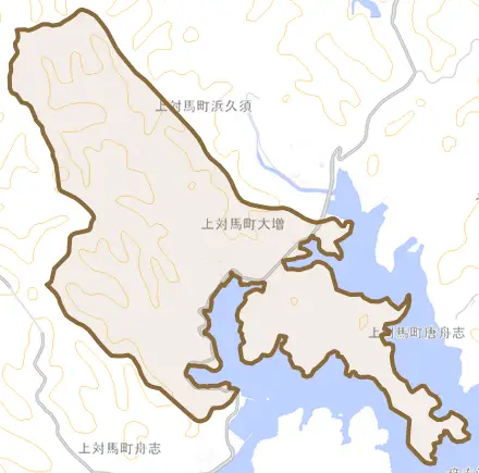 上対馬町大増とその周辺の地図。町の範囲を重ねている