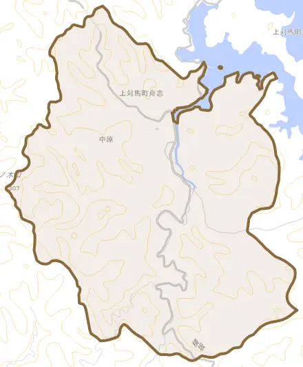 上対馬町舟志とその周辺の地図。町の範囲を重ねている