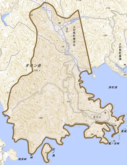 上対馬町唐舟志とその周辺の地図。町の範囲を重ねている