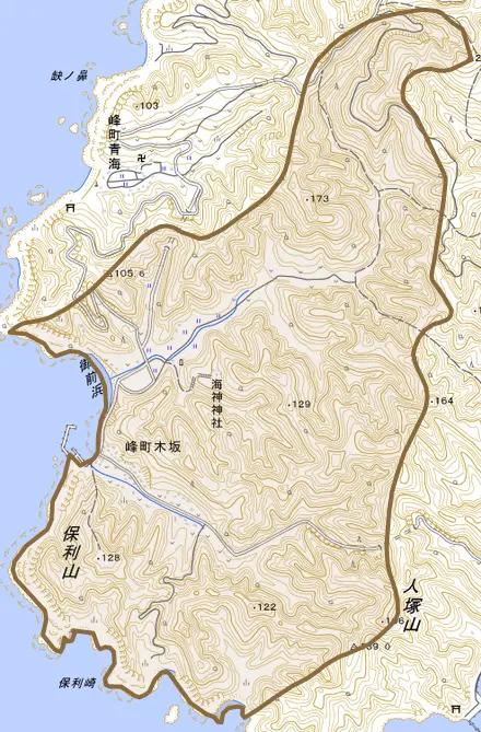 峰町木坂とその周辺の地図。町の範囲を重ねている