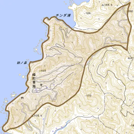 峰町青海とその周辺の地図。町の範囲を重ねている