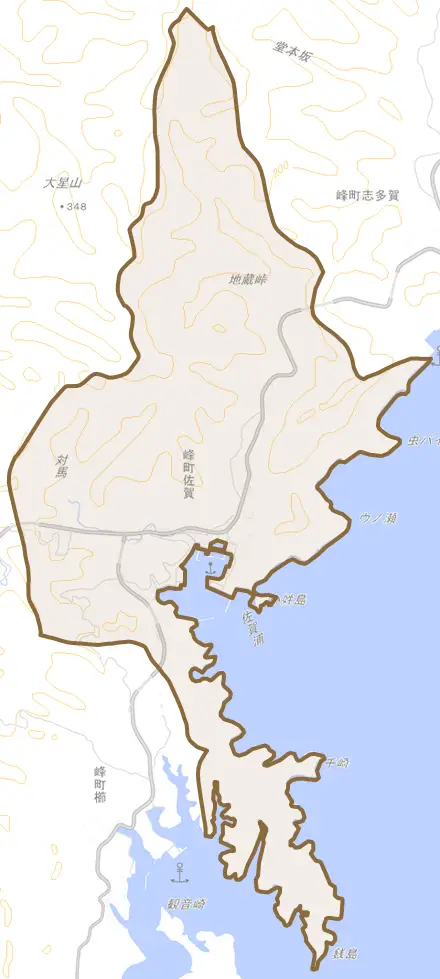 峰町佐賀とその周辺の地図。町の範囲を重ねている