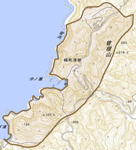 峰町津柳とその周辺の地図。町の範囲を重ねている