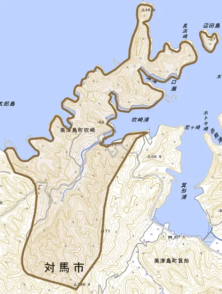 美津島町吹崎とその周辺の地図。町の範囲を重ねている