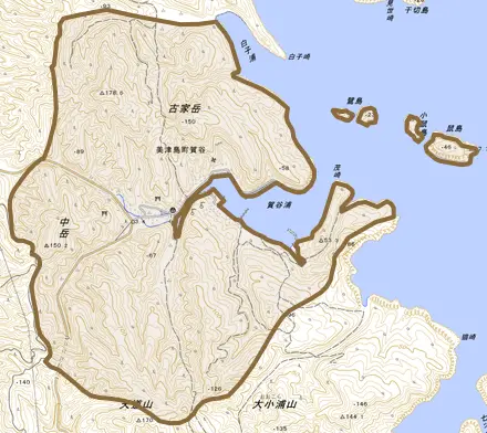 美津島町賀谷とその周辺の地図。町の範囲を重ねている