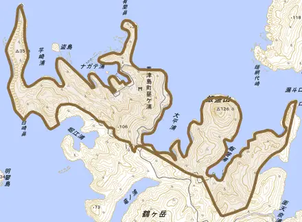 美津島町昼ケ浦とその周辺の地図。町の範囲を重ねている