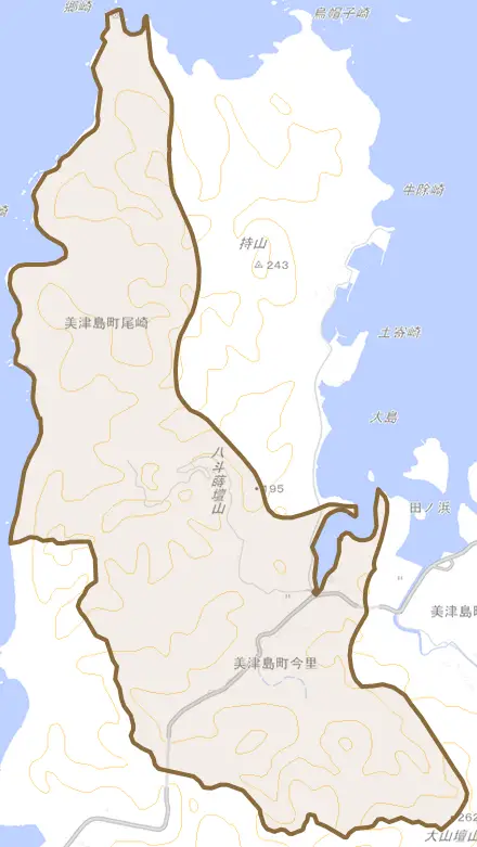 美津島町今里とその周辺の地図。町の範囲を重ねている