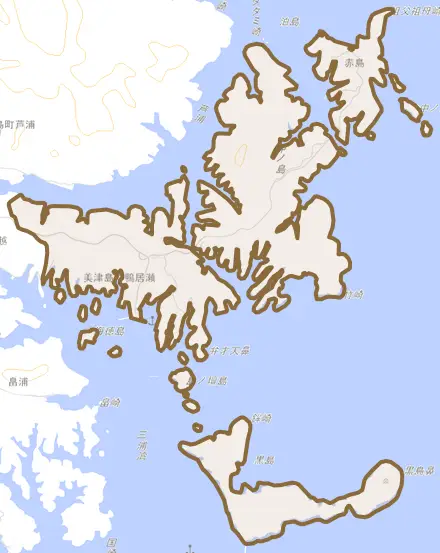 美津島町鴨居瀬とその周辺の地図。町の範囲を重ねている