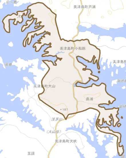 美津島町小船越とその周辺の地図。町の範囲を重ねている