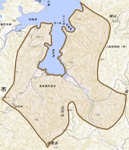美津島町箕形とその周辺の地図。町の範囲を重ねている