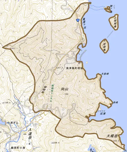 美津島町根緒とその周辺の地図。町の範囲を重ねている