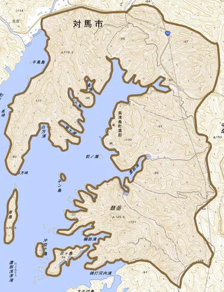 美津島町濃部とその周辺の地図。町の範囲を重ねている