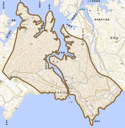 美津島町大船越とその周辺の地図。町の範囲を重ねている