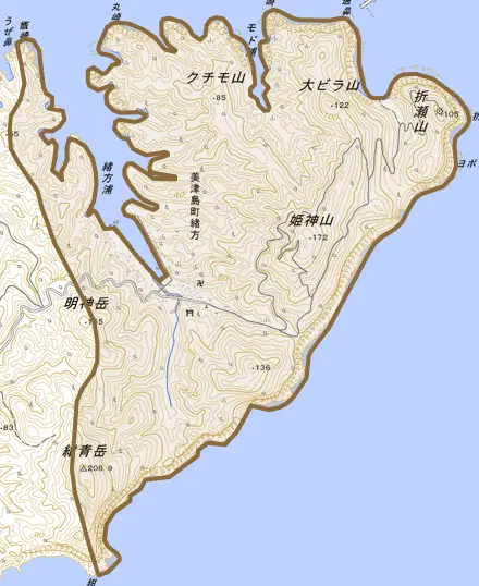 美津島町緒方とその周辺の地図。町の範囲を重ねている