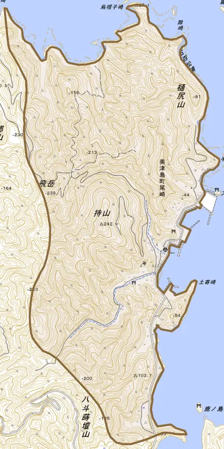 美津島町尾崎とその周辺の地図。町の範囲を重ねている
