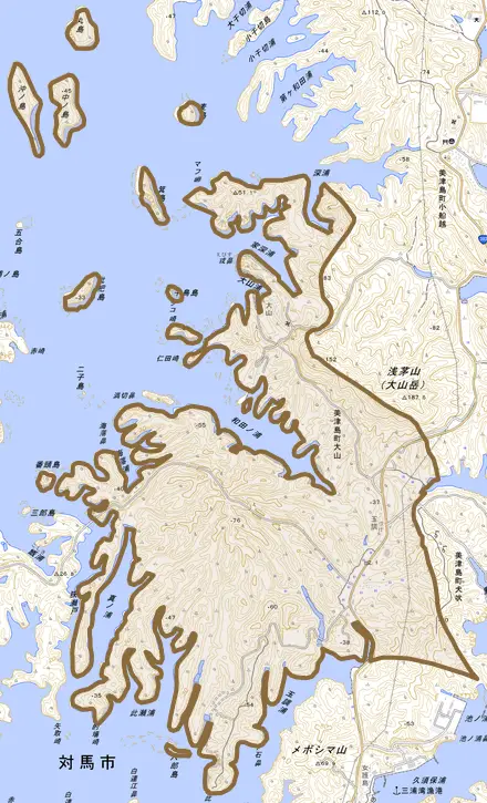 美津島町大山とその周辺の地図。町の範囲を重ねている
