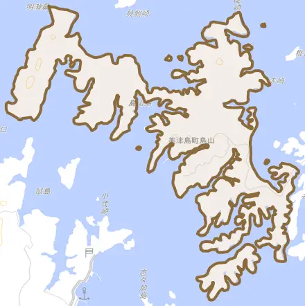 美津島町島山とその周辺の地図。町の範囲を重ねている