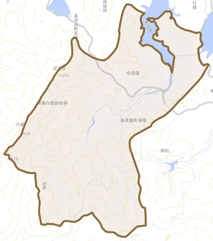 美津島町洲藻とその周辺の地図。町の範囲を重ねている