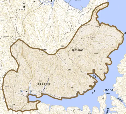 美津島町芦浦とその周辺の地図。町の範囲を重ねている