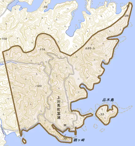 上対馬町富浦とその周辺の地図。町の範囲を重ねている