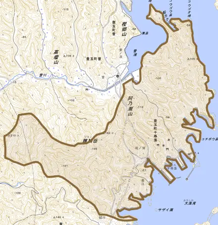 豊玉町千尋藻とその周辺の地図。町の範囲を重ねている