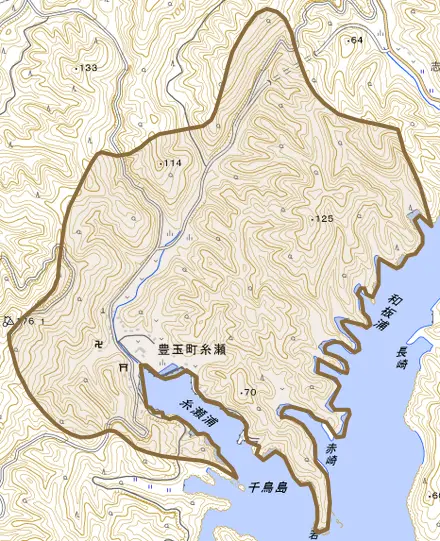 豊玉町糸瀬とその周辺の地図。町の範囲を重ねている