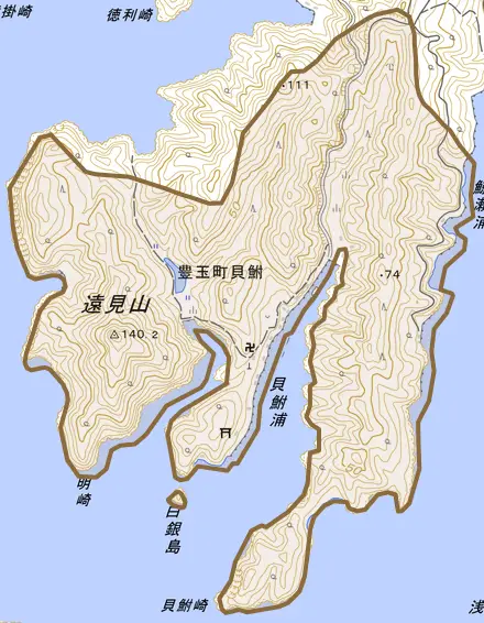 豊玉町貝鮒とその周辺の地図。町の範囲を重ねている