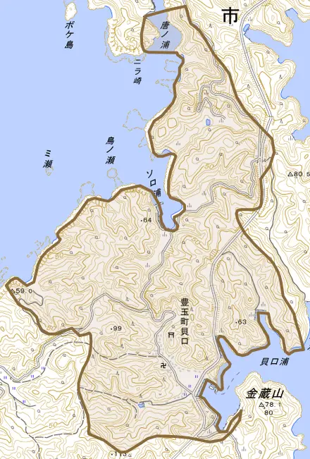 豊玉町貝口とその周辺の地図。町の範囲を重ねている