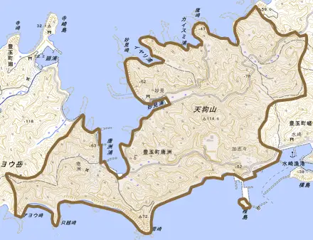 豊玉町唐洲とその周辺の地図。町の範囲を重ねている