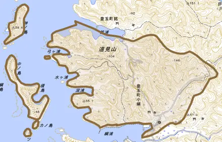 豊玉町小綱とその周辺の地図。町の範囲を重ねている