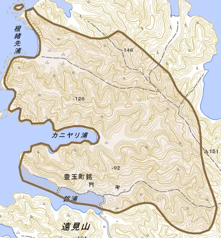 豊玉町銘とその周辺の地図。町の範囲を重ねている