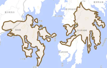豊玉町嵯峨とその周辺の地図。町の範囲を重ねている