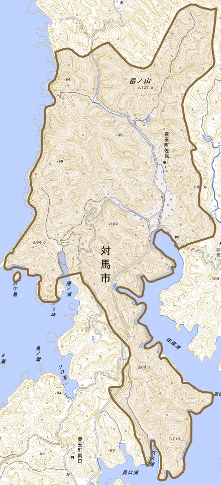 豊玉町佐保とその周辺の地図。町の範囲を重ねている