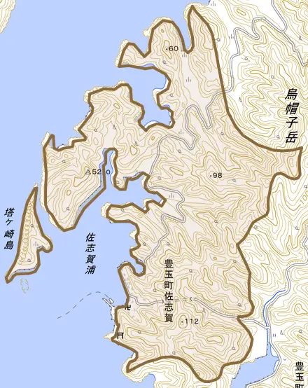 豊玉町佐志賀とその周辺の地図。町の範囲を重ねている