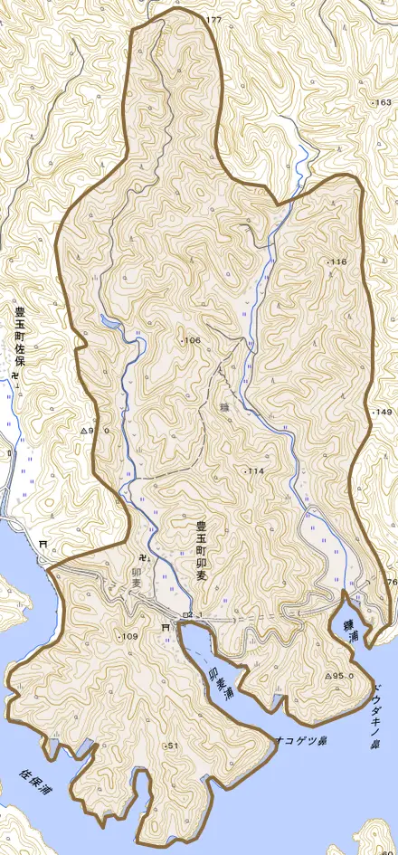豊玉町卯麦とその周辺の地図。町の範囲を重ねている