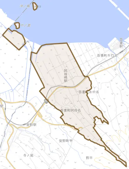 吾妻町阿母名とその周辺の地図。町の範囲を重ねている