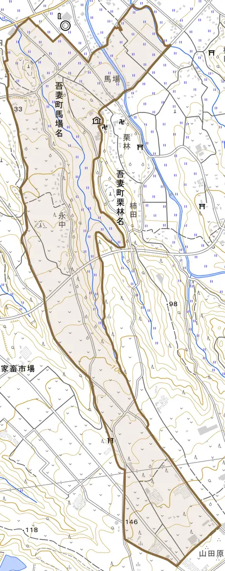 吾妻町馬場名とその周辺の地図。町の範囲を重ねている