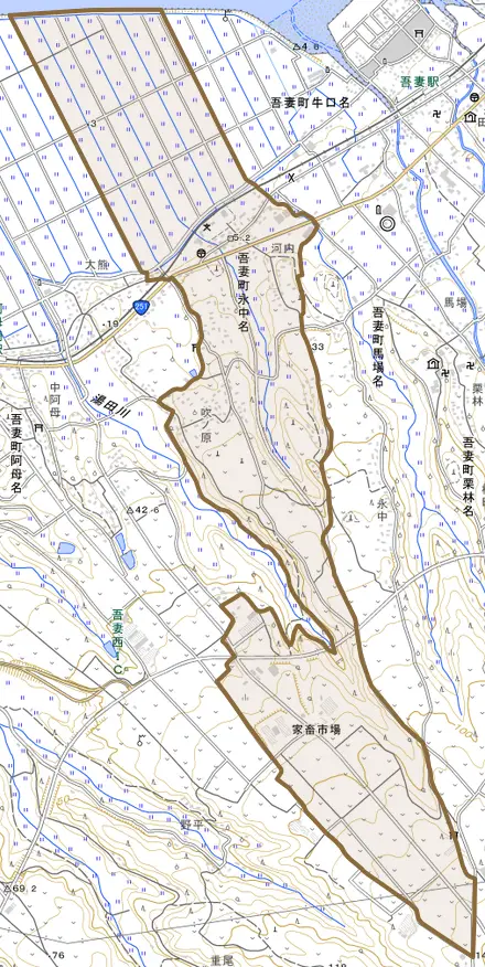 吾妻町永中名とその周辺の地図。町の範囲を重ねている